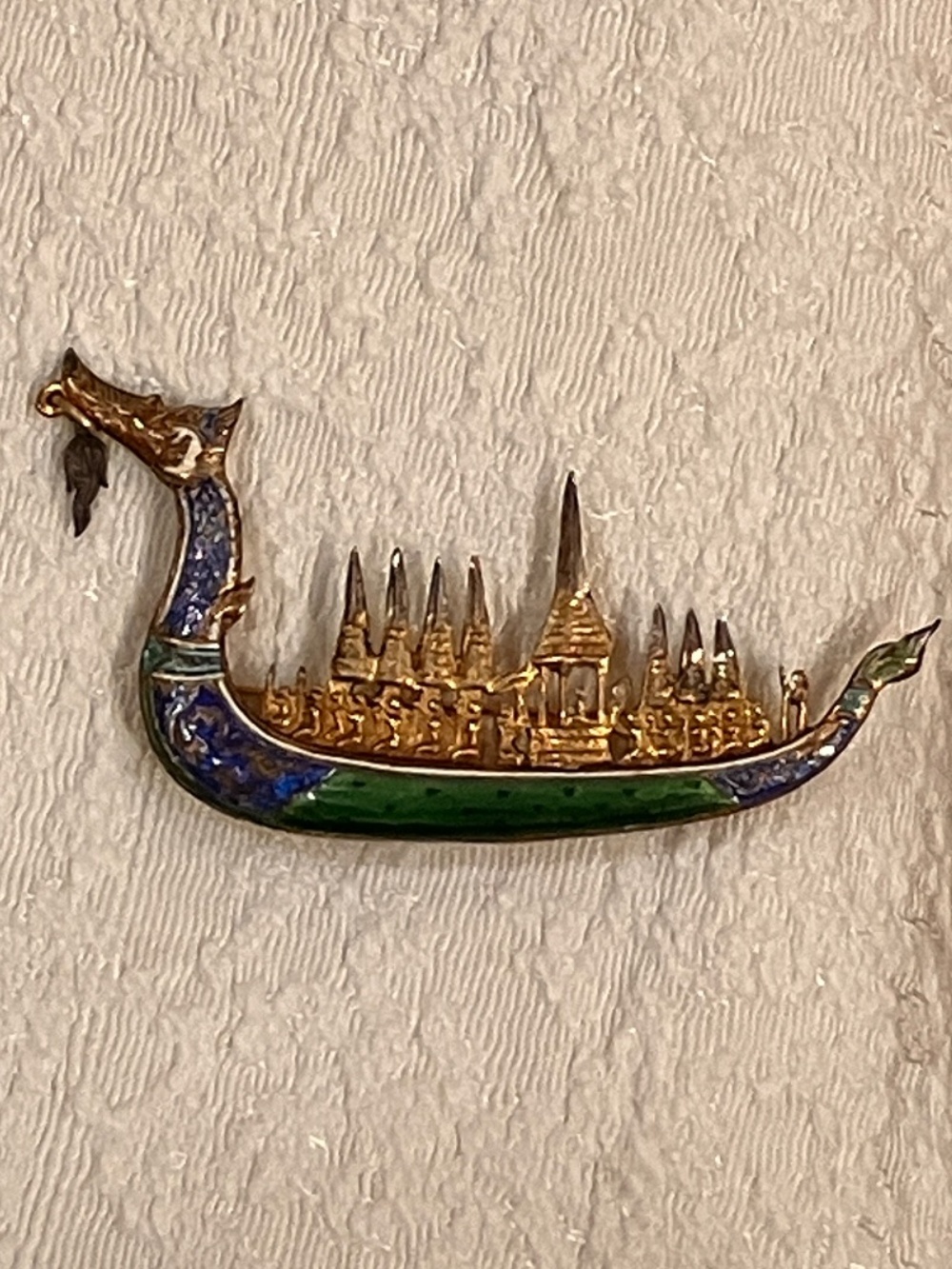 Vintage Thai enameled dragon boat pin
